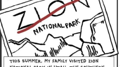 Member of Two Tribes Comic Image from National Parks with the word Zion crossed out and the native word Oawingwa written in red