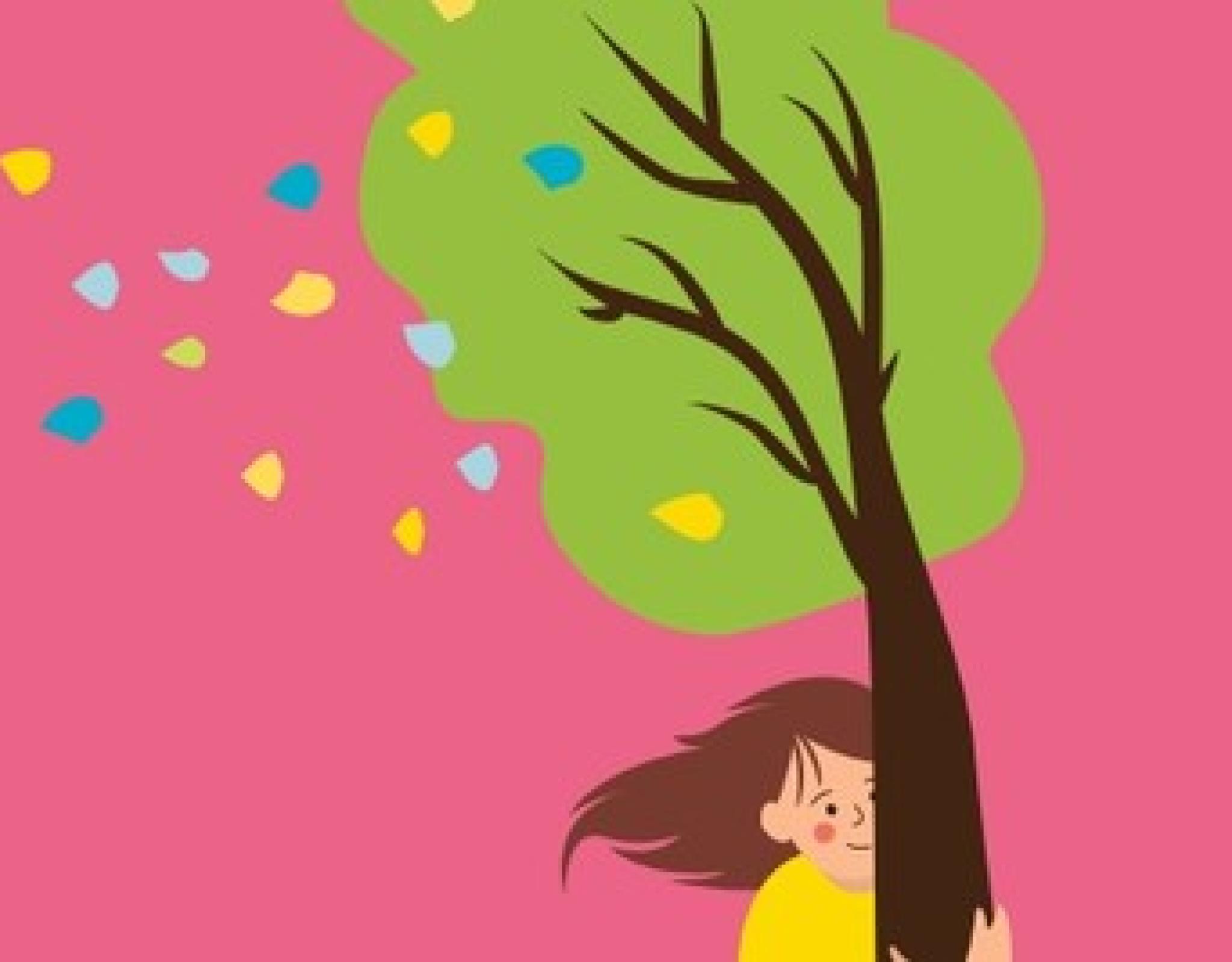Illustrated person hugging tree