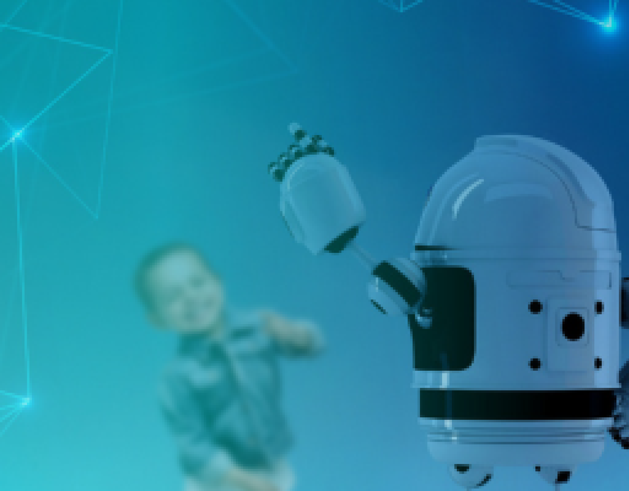 A little boy waves to a robot