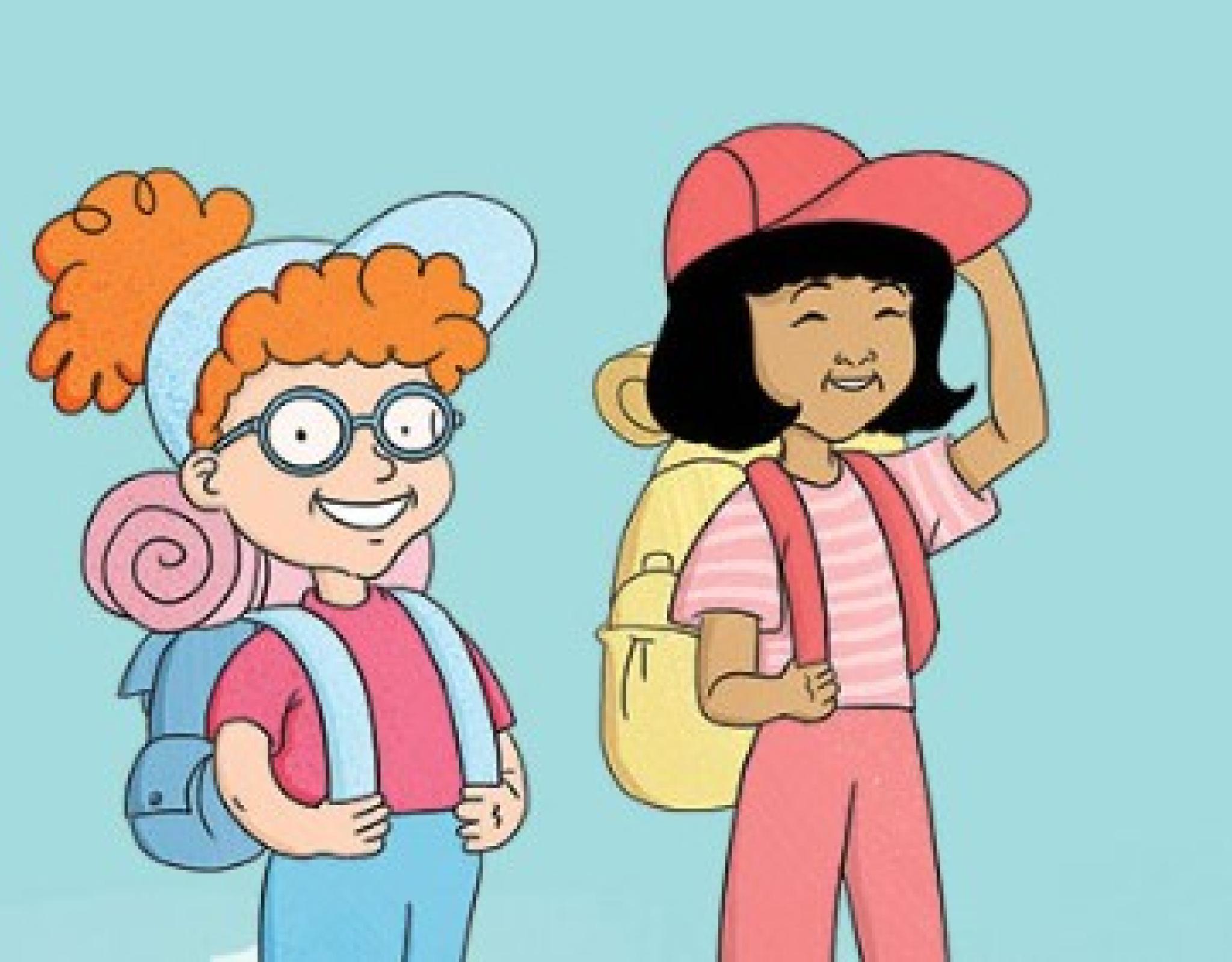 Two illustrated children on a hike