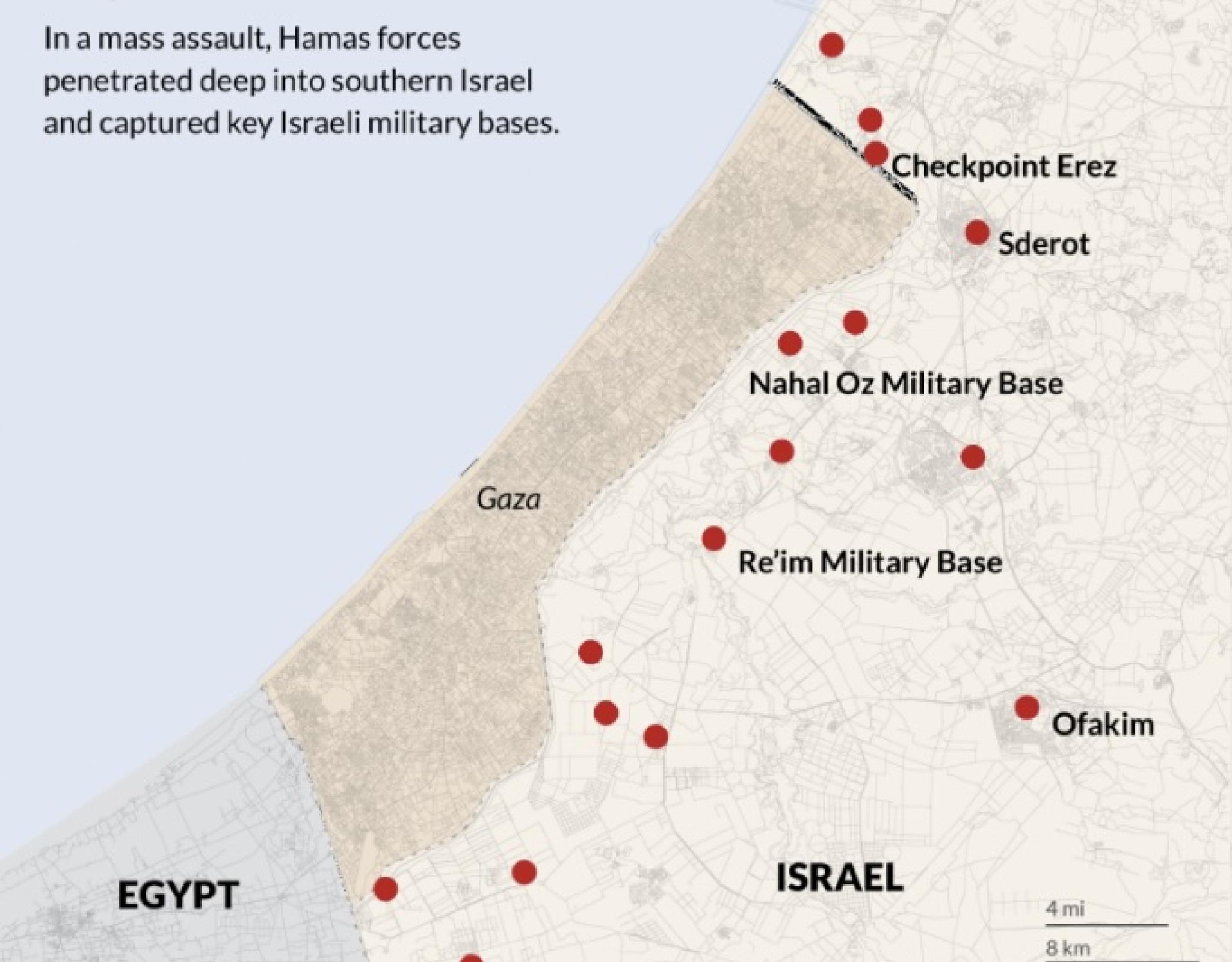 Map shows sites of Hamas attacks on Oct. 7
