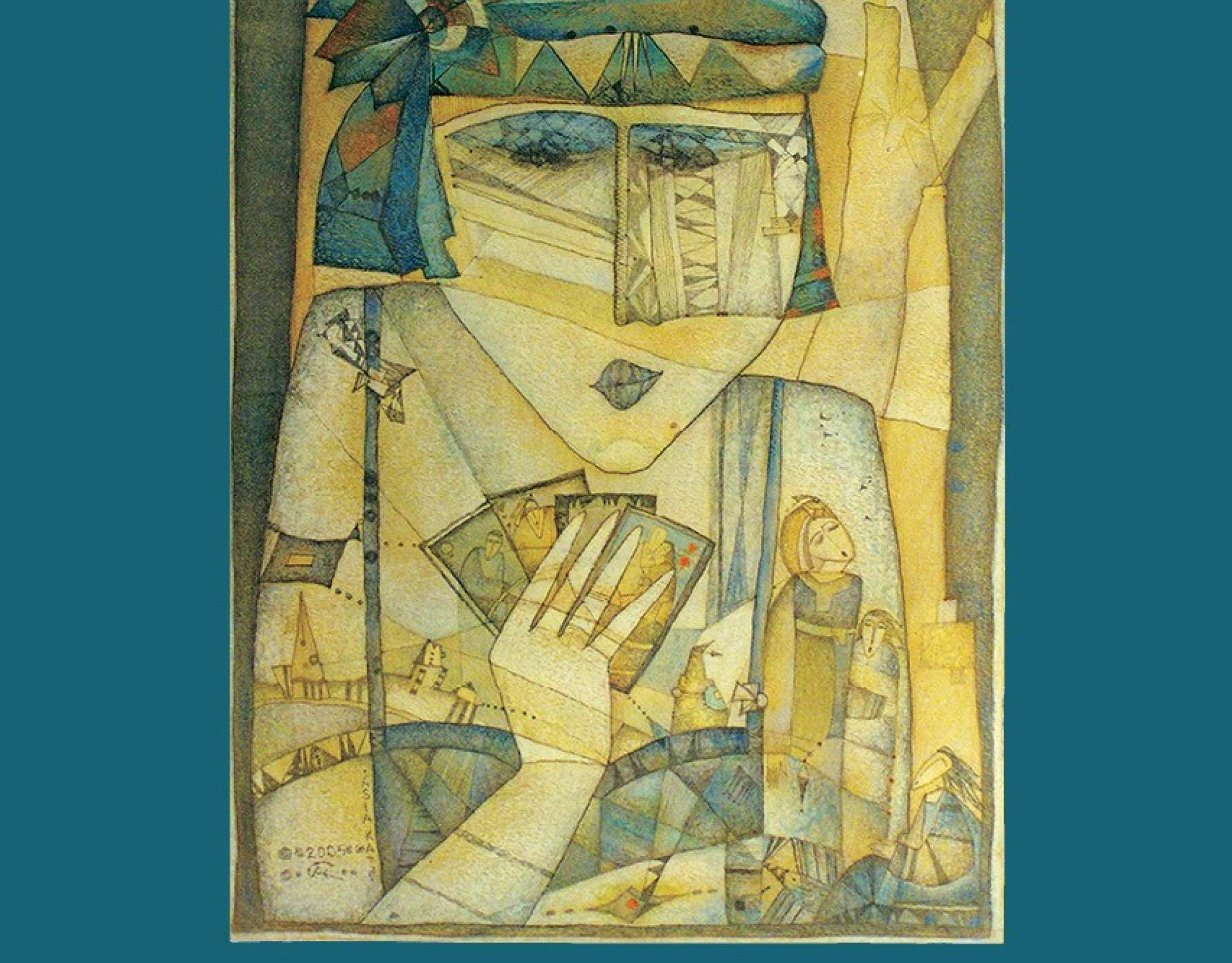 The cover has a dark teal background, with an abstract piece of art featuring a woman holding cards. The art is "Choosing a Path" by Asia Katz.