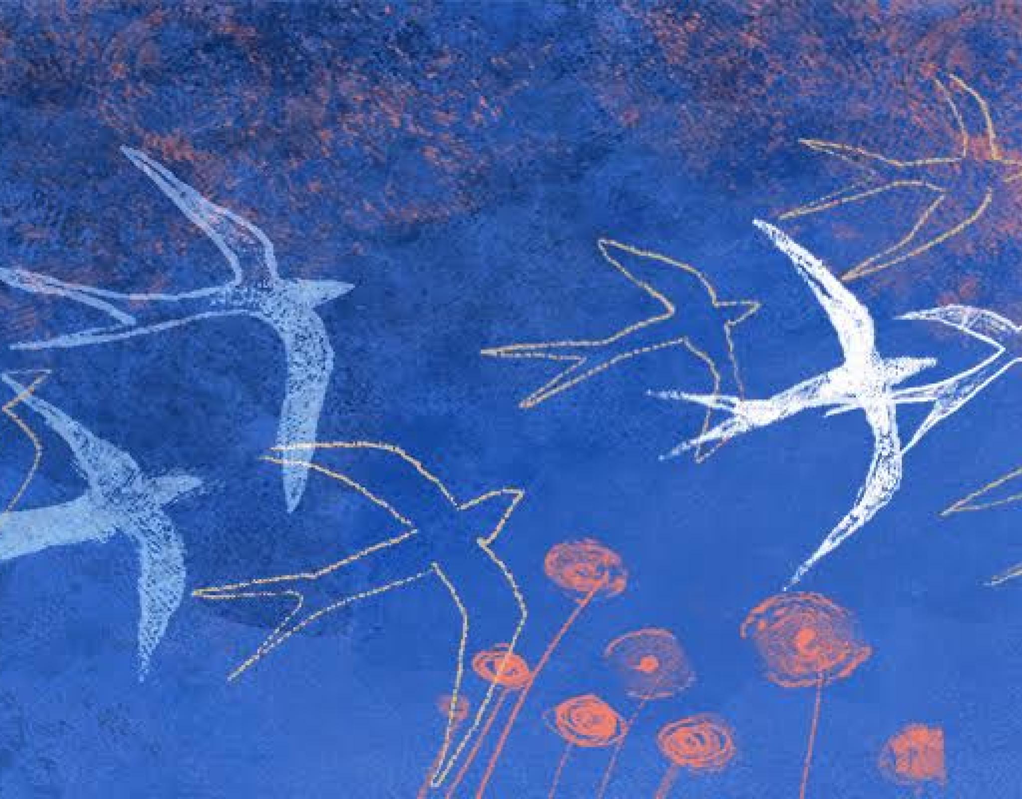 Doves fly toward the sun while anemones grow down below.