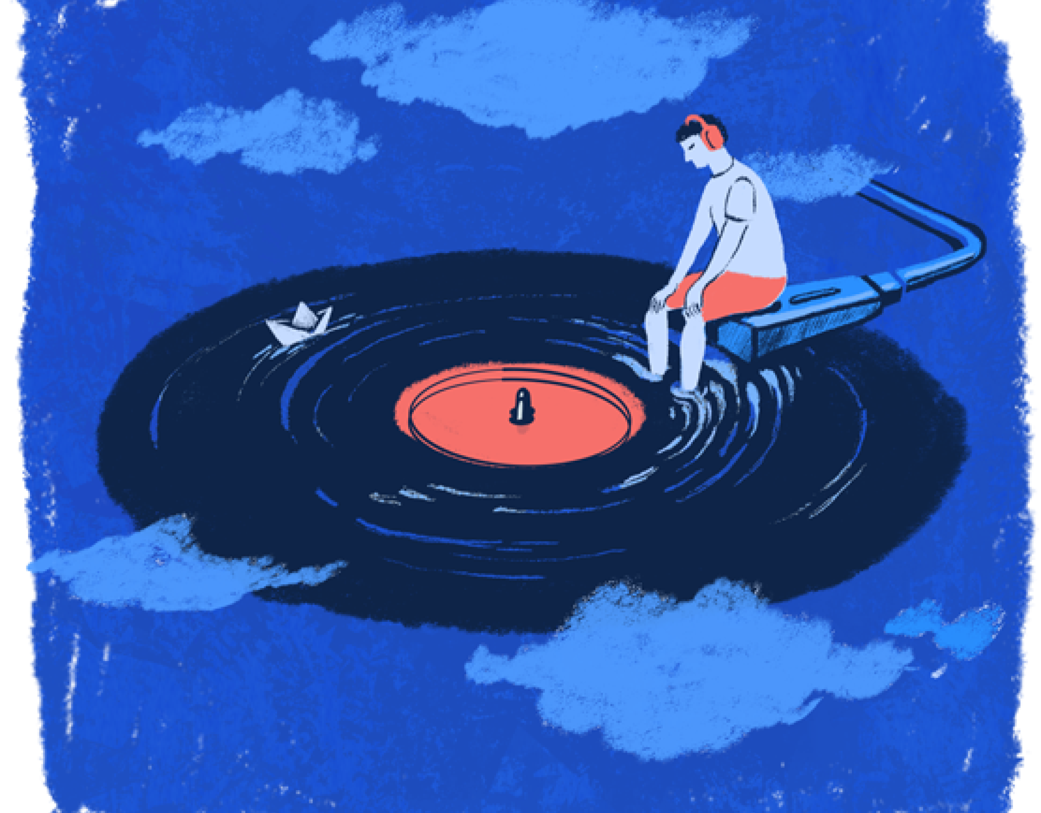 A figure sits atop a record listen to music.