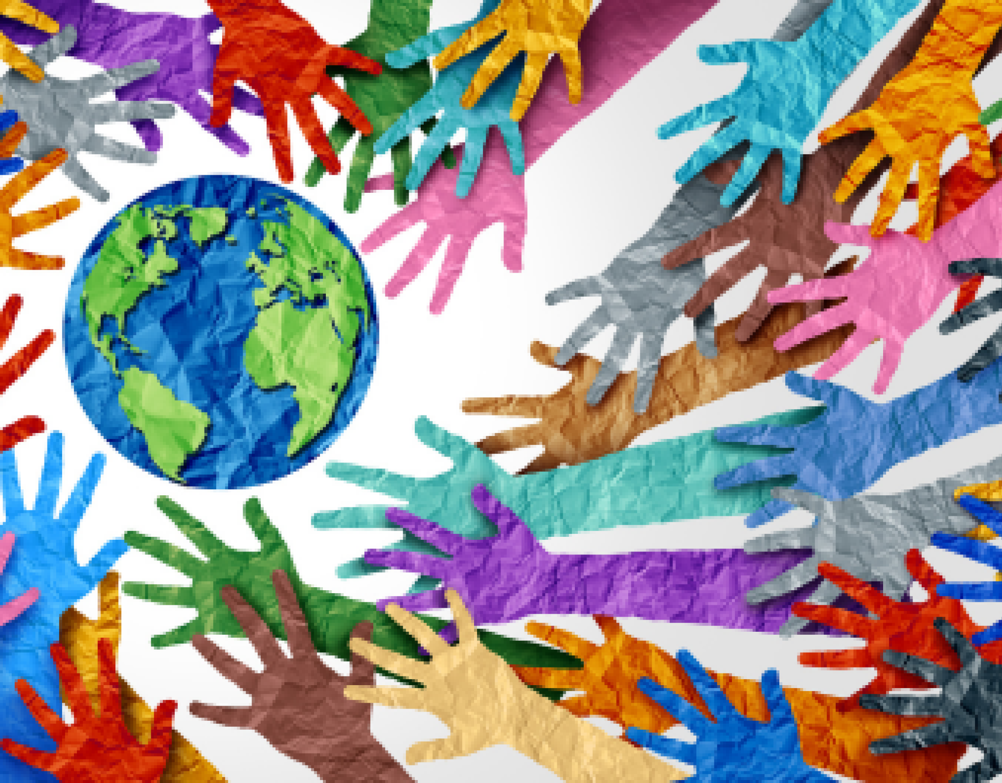 Multicolored hands reaching out towards earth