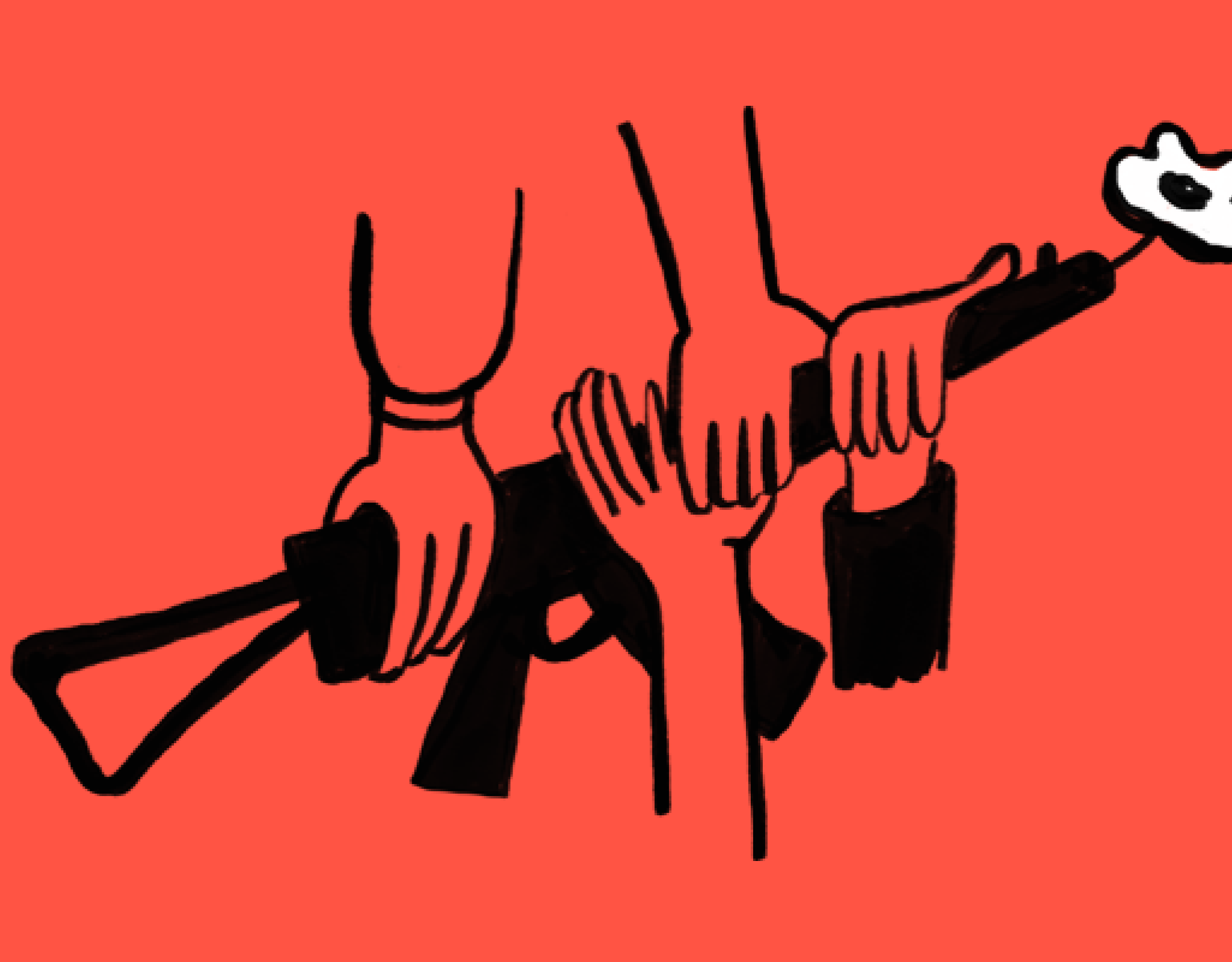 Hands grab onto the same gun from which a flower grows.