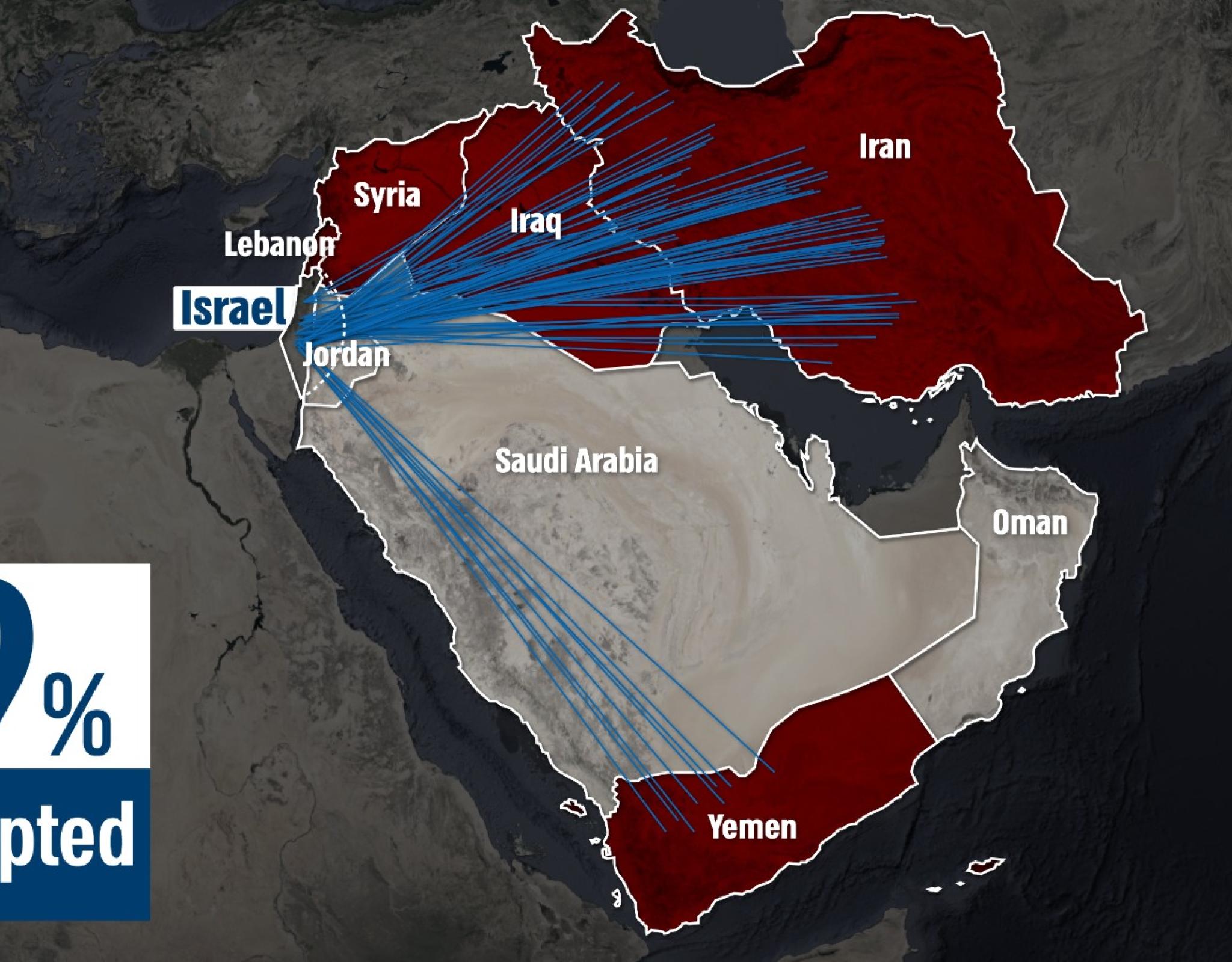 A map shows the launch sites of the missiles and drones fired at Israel in April 2024, 99% of which were intercepted.