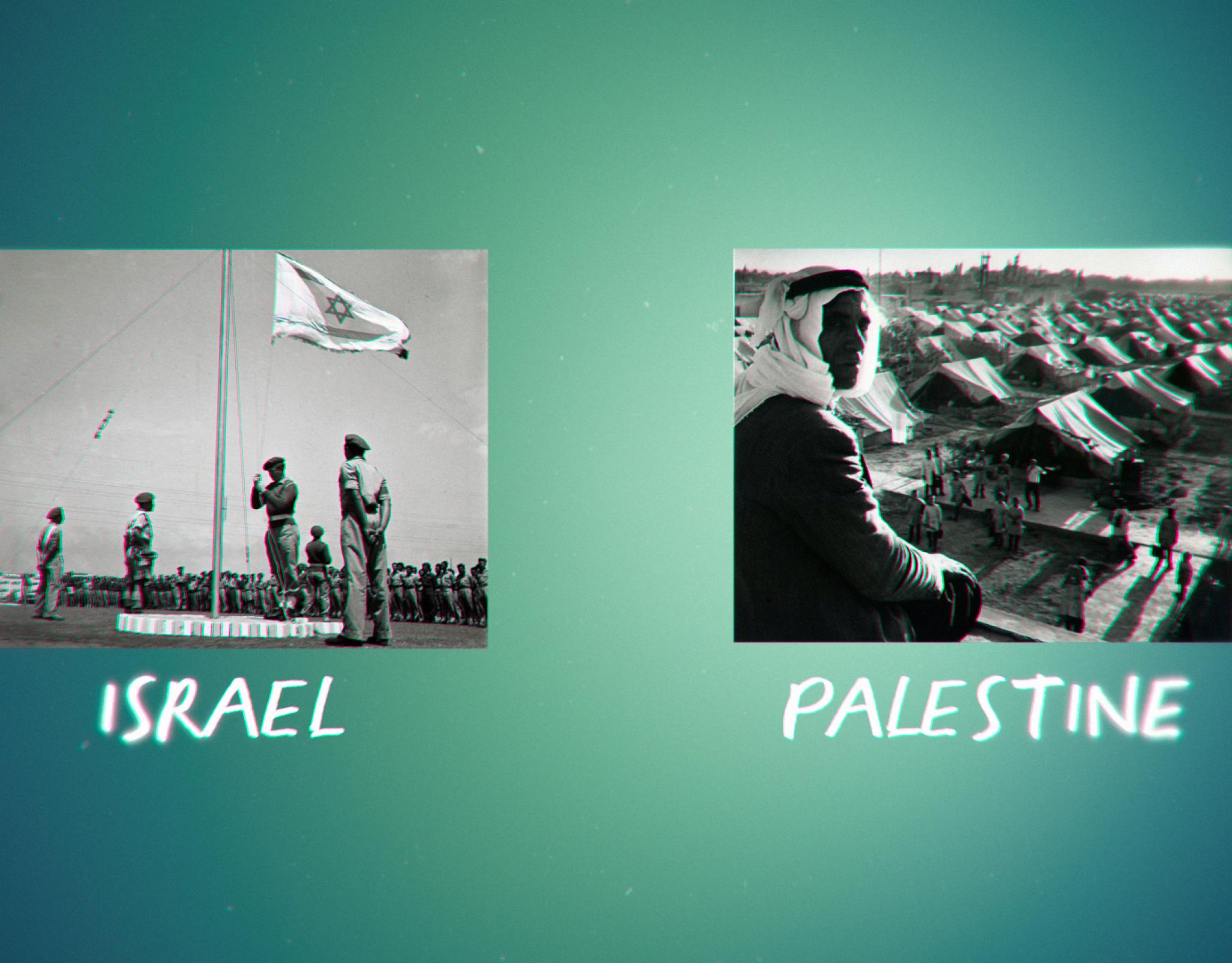 "Israel" with soldiers saluting an Israeli flag and "Palestine"  with an Arab village