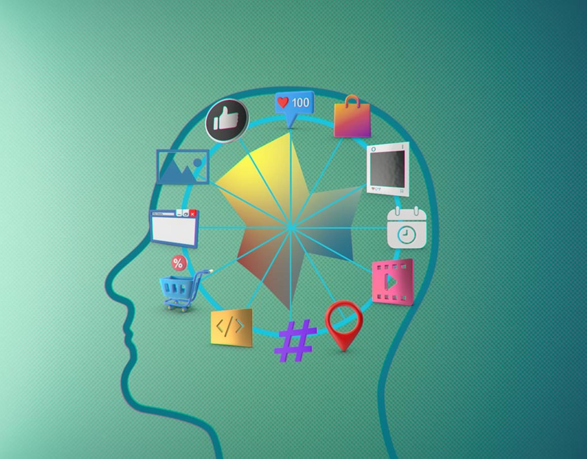 Silhouette of a head with media icons