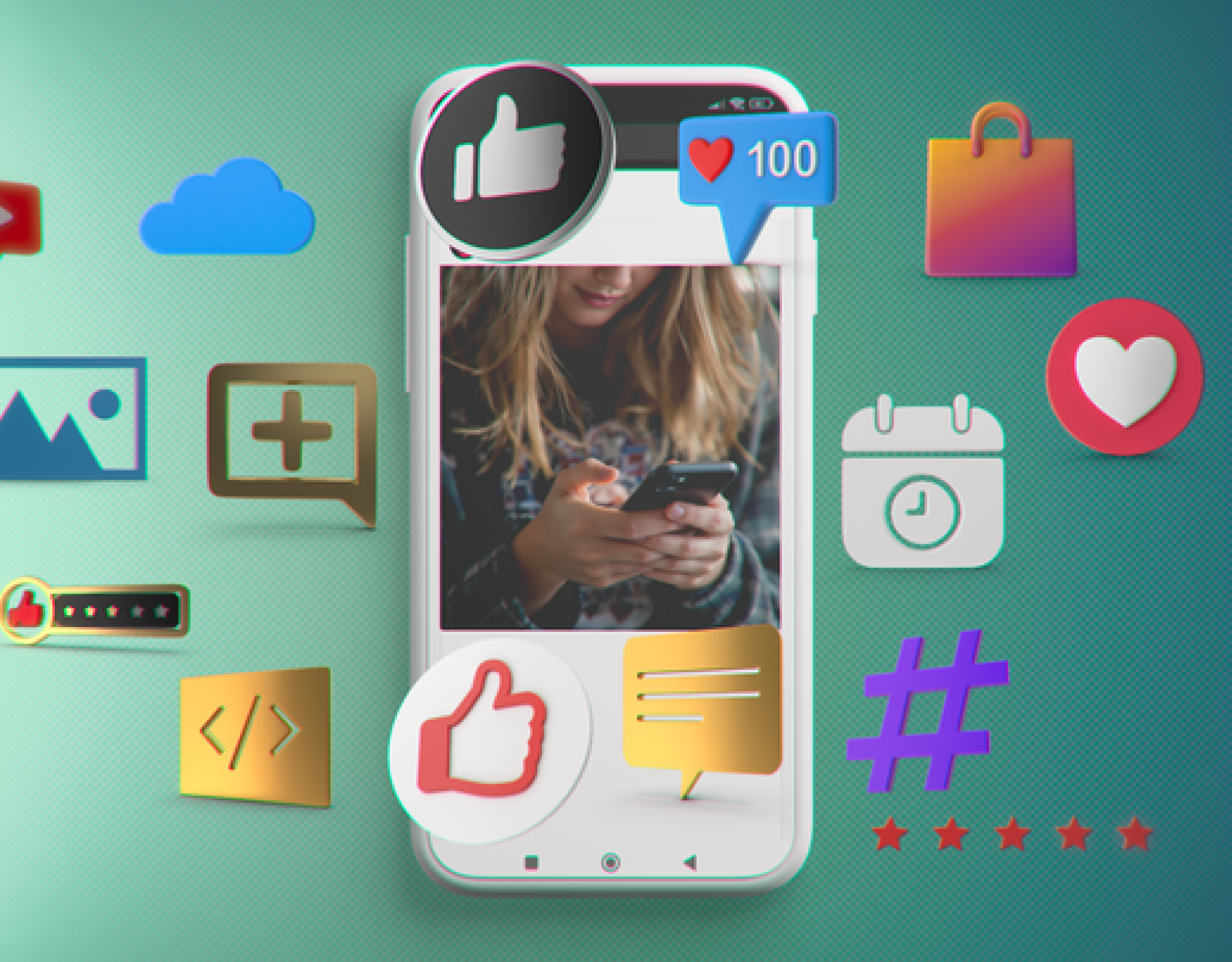A girl scrolling on her phone with social media icons surrounding her
