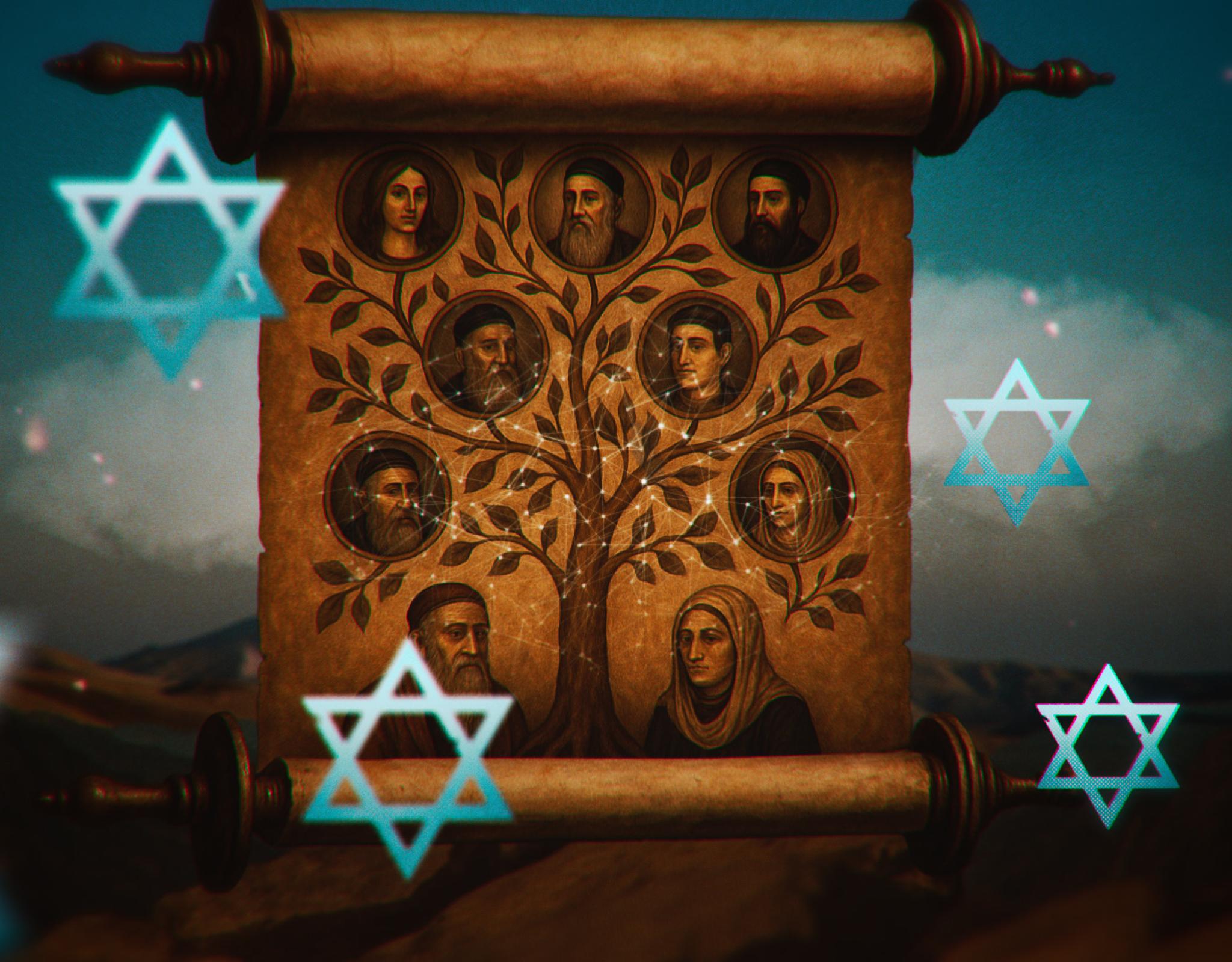 A worn scroll with faces of the ancient Jewish family tree