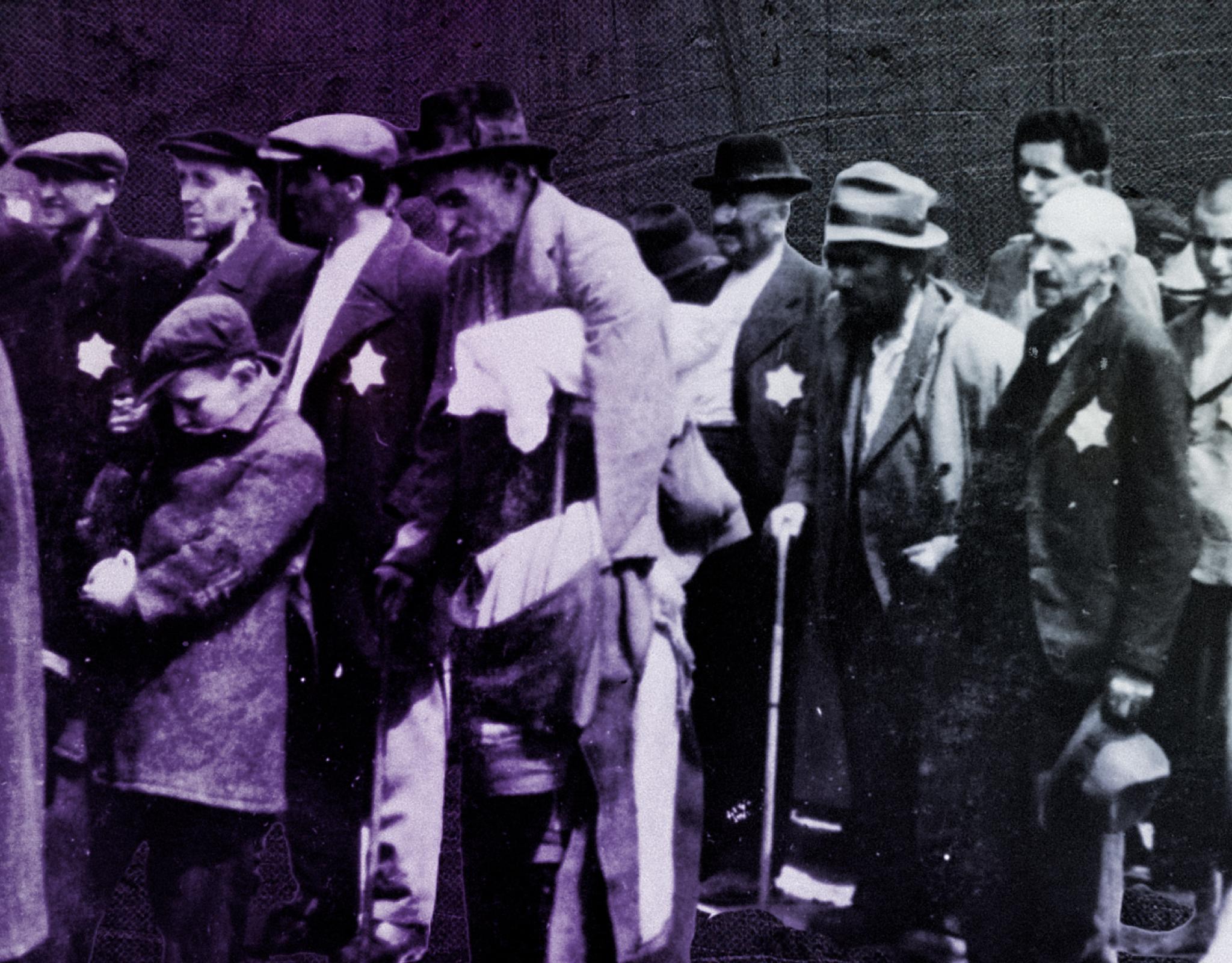 Men with yellow stars on their clothing waiting in line