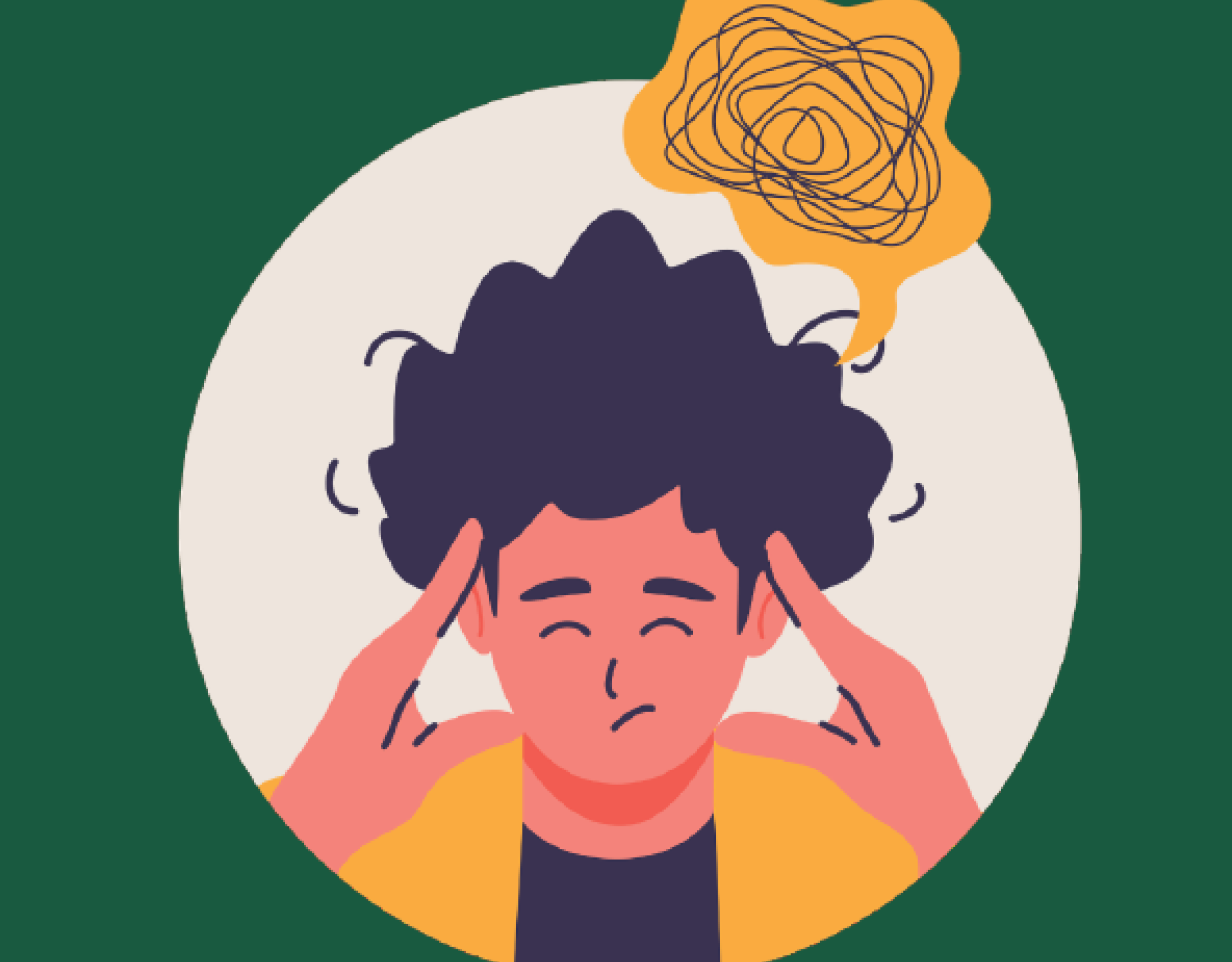person holding his head with speech bubble indicating scattered thoughts