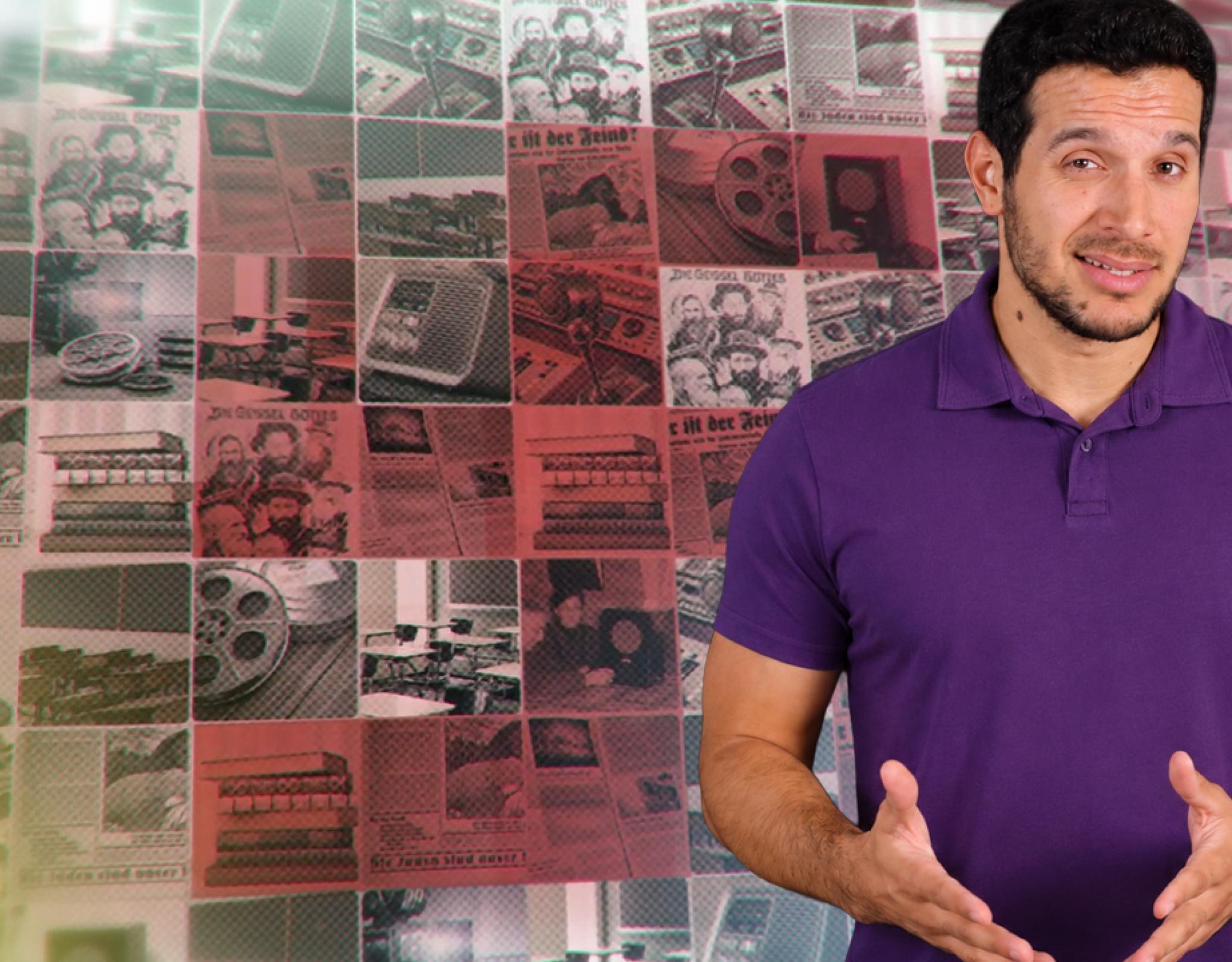 Man standing in front of news and media images