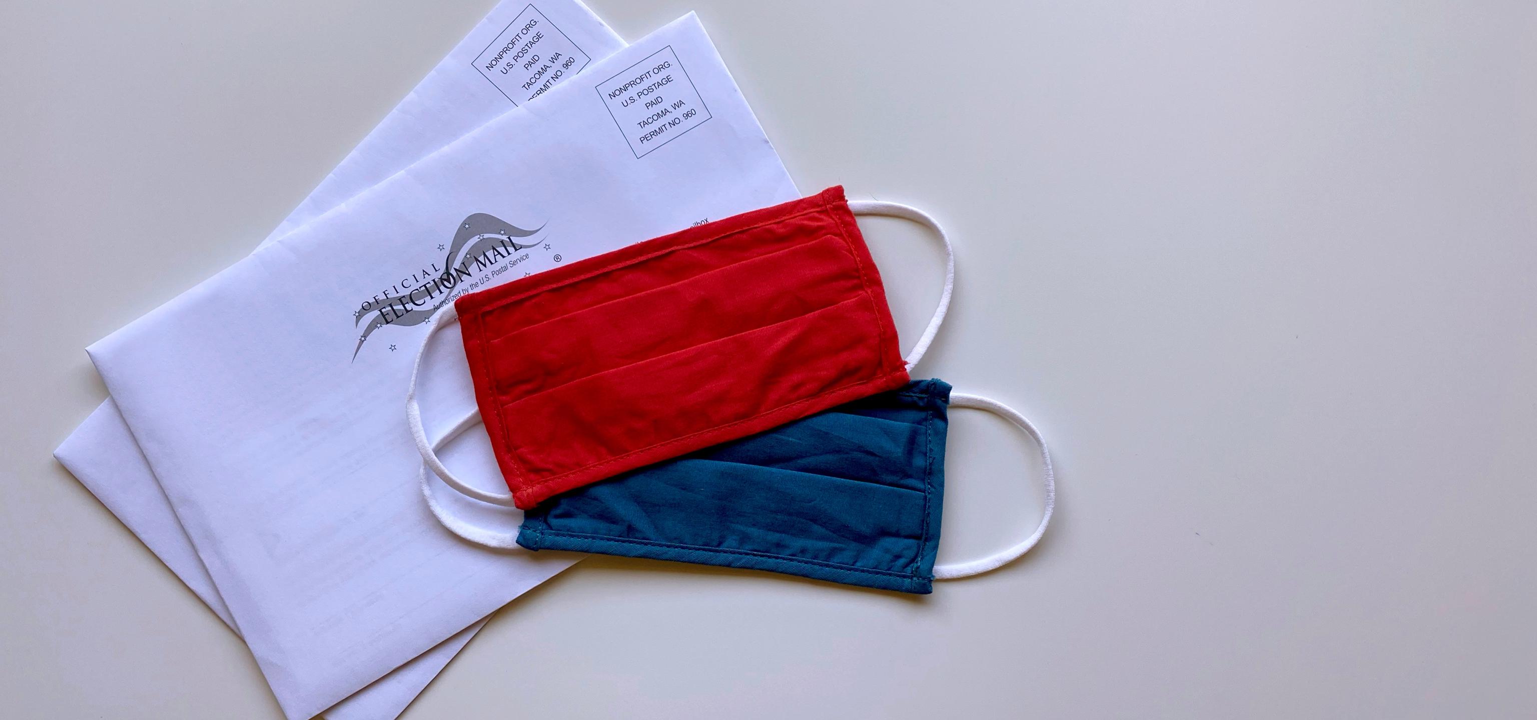 Civic and Civil Engagement image with a blue and red mask and absentee ballot envelopes