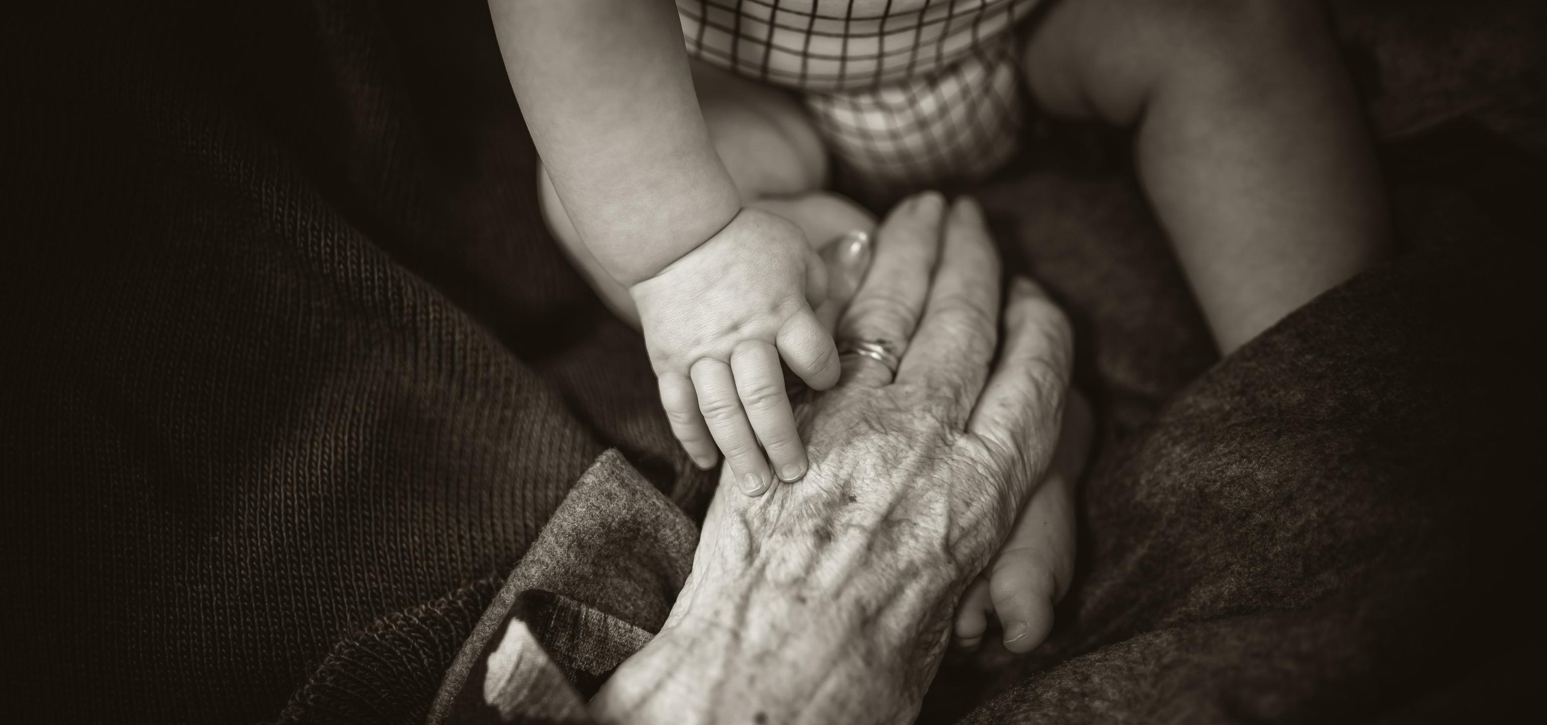 Old hand holding child's hand
