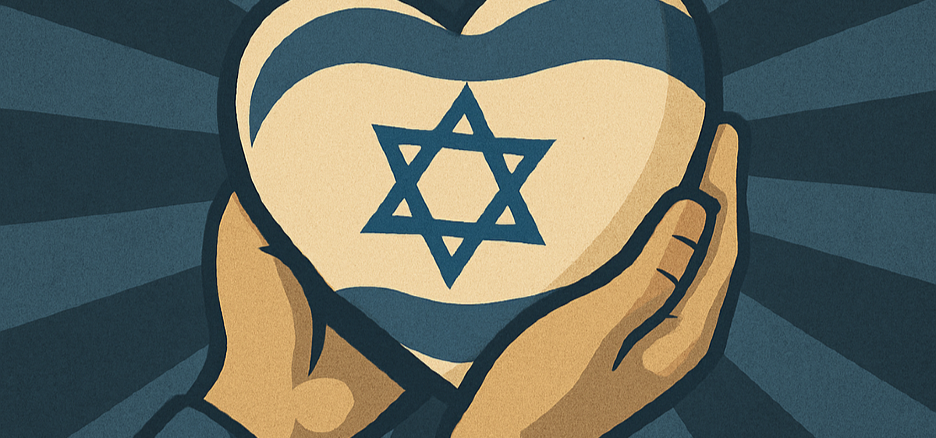 Generated by OpenAI’s DALL·E on June 16, 2025, using the prompt “Illustration of hands gently holding a heart-shaped Israeli flag with a retro sunburst background.” Edited and curated by The Jewish Education Project. Used with permission.