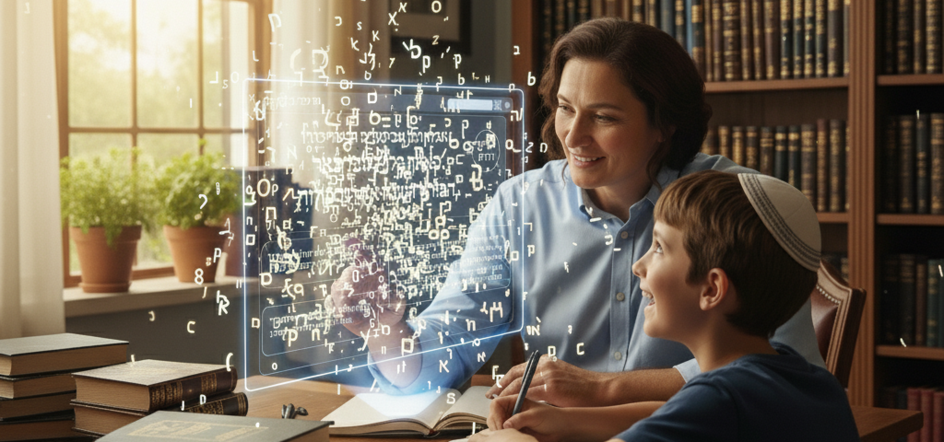 A Jewish child and adult admire digital Hebrew letters suspended in the air