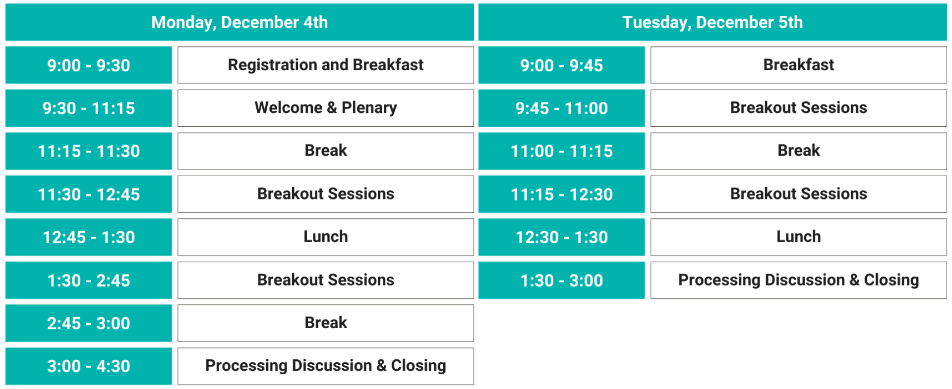 Our schedule for the summit. Alt-text friendly version will be added shortly. 