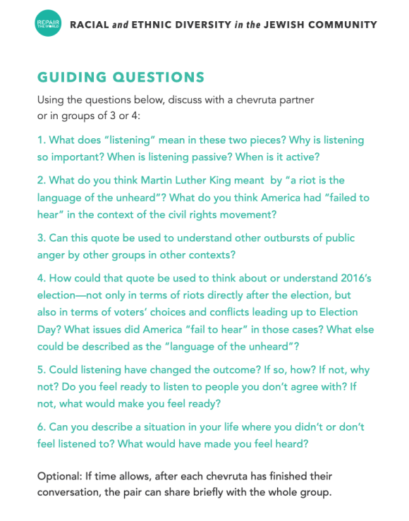 Sample discussion questions from Racial and Ethnic Diversity in the Jewish Community lesson plan