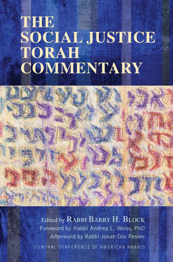The cover features the title "The Social Justice Torah Commentary" and a piece of art by Trude Guermonprez that shows colorful Torah Text.