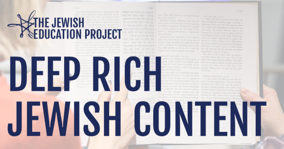 "Deep Rich Jewish Content" over hands holding primary Jewish text