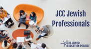 A group of educators sits around a table. They have notebooks and laptops. "JCC Jewish Professionals" caption is next to the circle of educators.